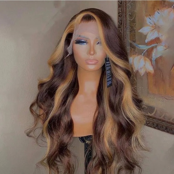 Chocolate Brown Skunk Stripe Straight Hair 13*4  Lace Front Human Hair Wigs - Picture 1 of 2